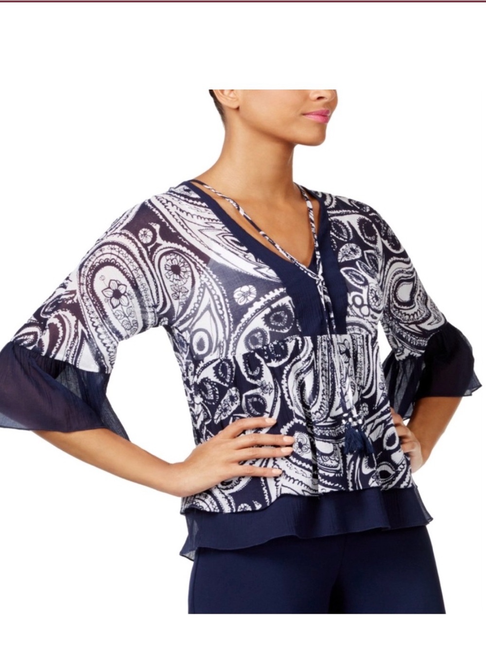 Trina Turk Silk Blend Paisley V-Neck Bell Sleeve Blouse Size XS Navy Cream NWOT